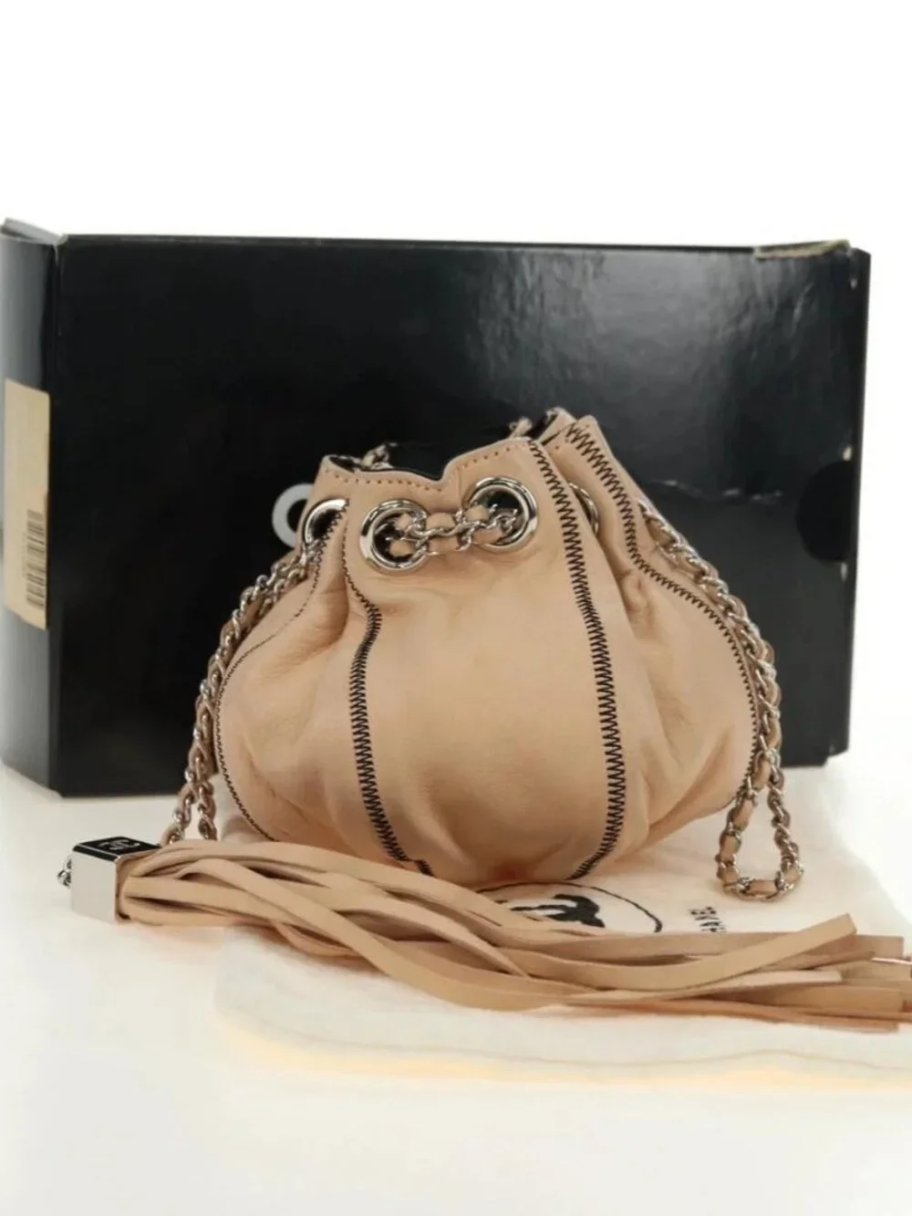 CHANEL Chain Purse Hand Bag Lamb Skin Beige Silver CC Auth bs35366V